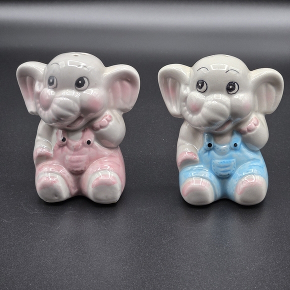 Vintage Other - Vintage Boy & Girl Elephants Blue Pink Overalls Ceramic Salt & Pepper Shaker Set